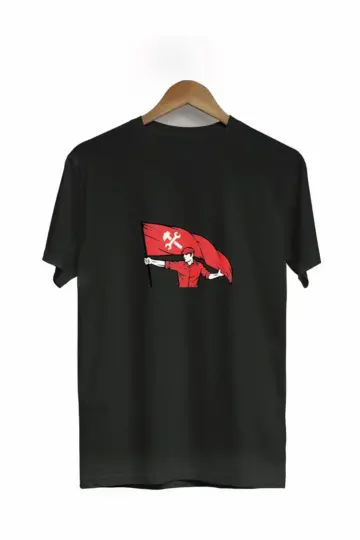 1 Mayıs Emekçilerimiz İçin Tişört Özel Tasarım Bayraklı Emekçi Baskılı T-shirt - Siyah