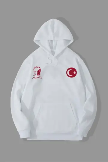 10 Kasıma Özel 3 İplik Kapüşonlu Baskılı SweatShirt Hoodie - Beyaz