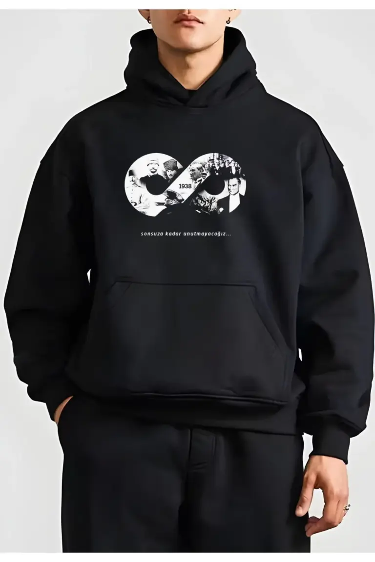 10 Kasıma Özel 3 İplik Kapüşonlu Baskılı SweatShirt Hoodie - Siyah