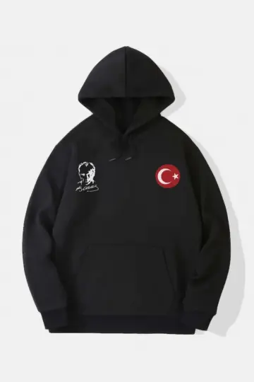 10 Kasıma Özel 3 İplik Kapüşonlu Baskılı SweatShirt Hoodie - Siyah