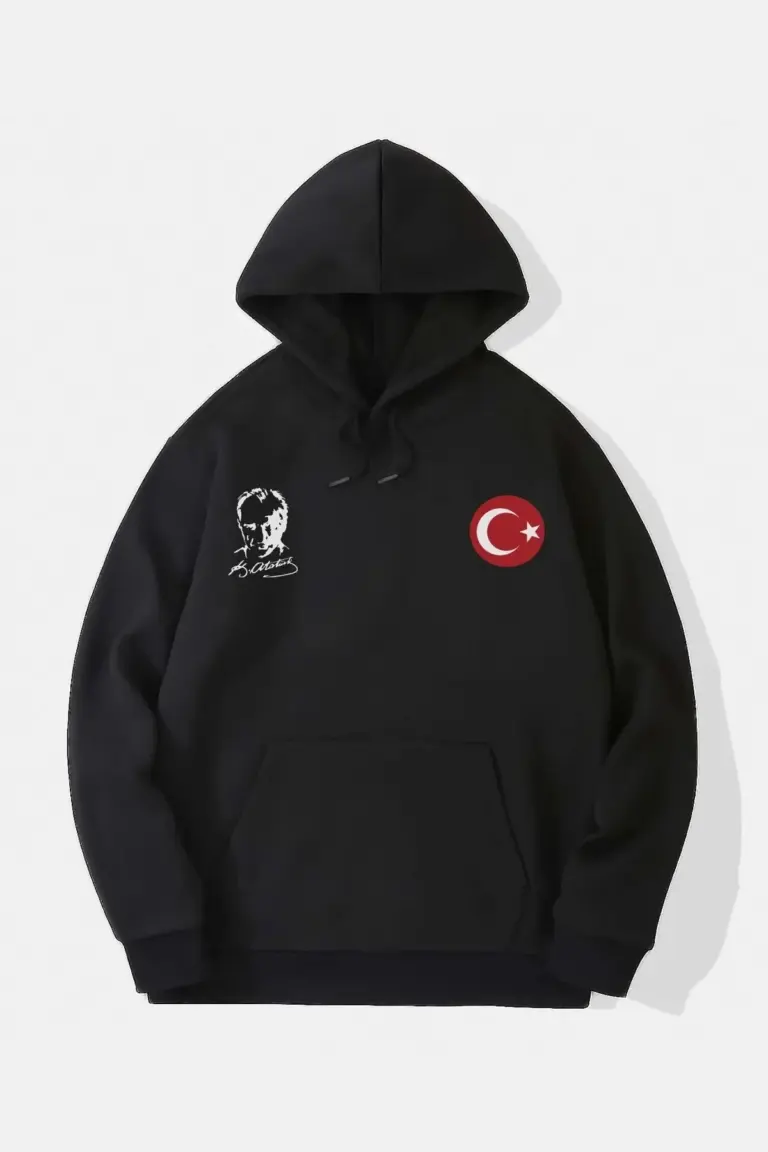 10 Kasıma Özel 3 İplik Kapüşonlu Baskılı SweatShirt Hoodie - Siyah