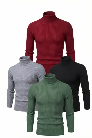 Kaşkorse Boğazlı Likralı Fitilli Slim Fit Body 4'lü Set Siyah-Bordo-Gri-Haki