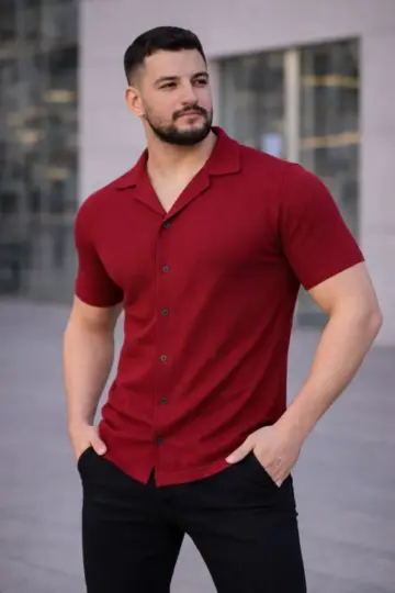 Waffle Kumaş Kısa Kollu Düğmeli Açık Yaka Regular Fit Gömlek - Kırmızı