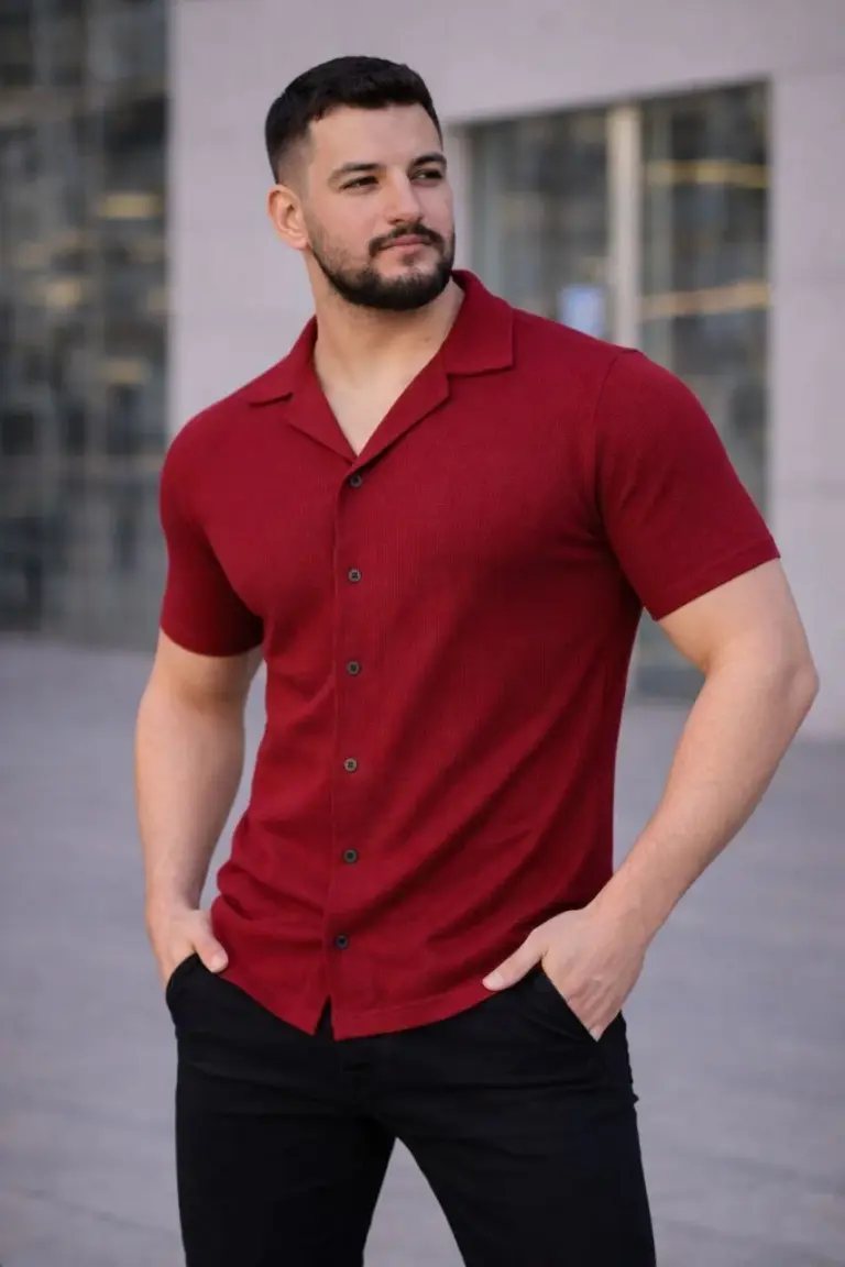 Waffle Kumaş Kısa Kollu Düğmeli Açık Yaka Regular Fit Gömlek - Kırmızı