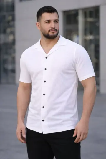 Waffle Kumaş Kısa Kollu Düğmeli Açık Yaka Regular Fit Gömlek - Beyaz