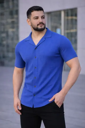 Waffle Kumaş Kısa Kollu Düğmeli Açık Yaka Regular Fit Gömlek - Saks Mavisi
