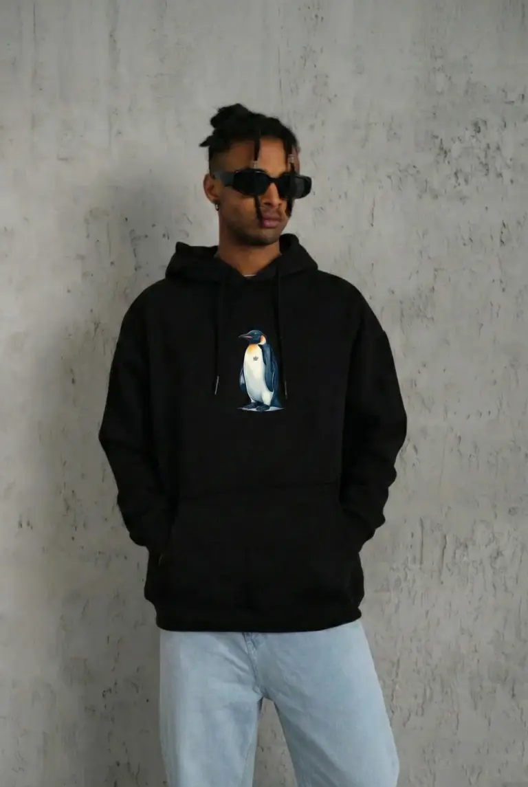 Survivor Penguin Baskılı 3 İplik Pamuklu Kapüşonlu Sweatshirt Hoodie Siyah