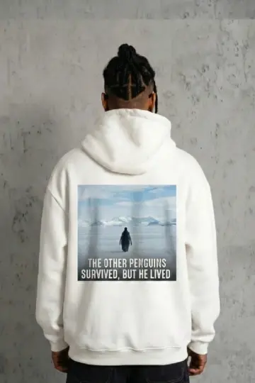 Survivor Penguin Baskılı 3 İplik Pamuklu Kapüşonlu Sweatshirt Hoodie Beyaz