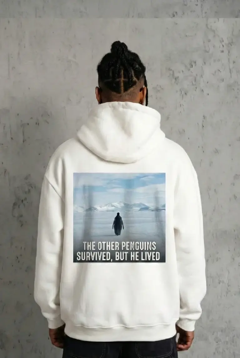Survivor Penguin Baskılı 3 İplik Pamuklu Kapüşonlu Sweatshirt Hoodie Beyaz
