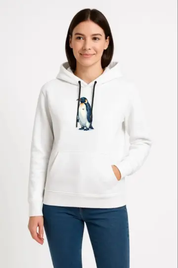 3 İplik Pamuklu Kapüşonlu Hoodie Sweatshirt Survivor Penguen Baskılı - Beyaz