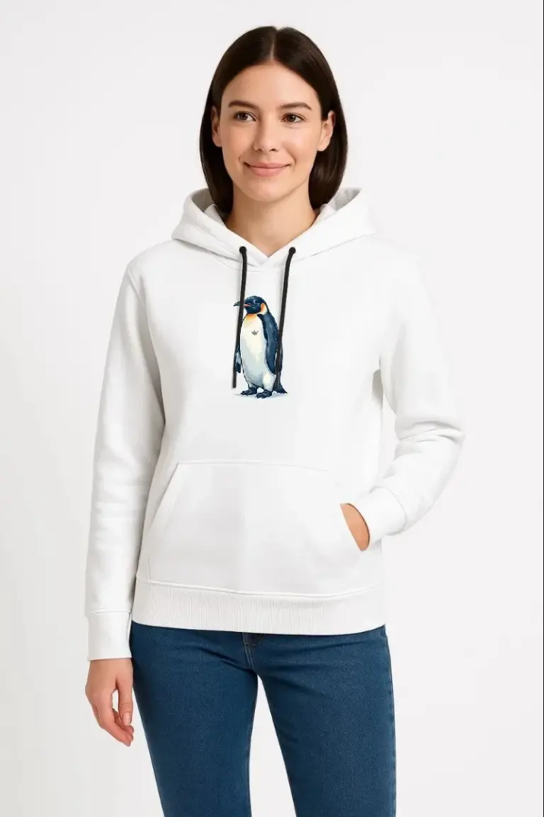 3 İplik Pamuklu Kapüşonlu Hoodie Sweatshirt Survivor Penguen Baskılı - Beyaz
