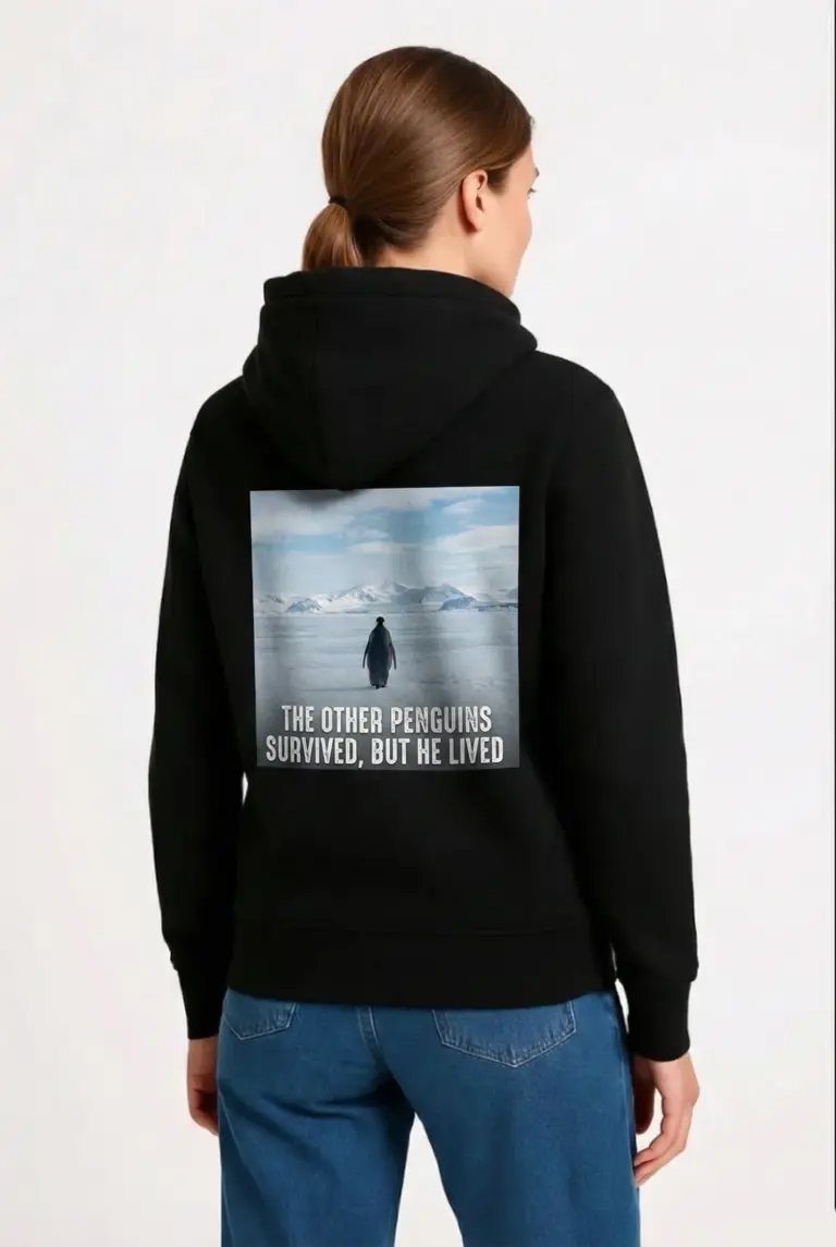 3 İplik Pamuklu Kapüşonlu Hoodie Sweatshirt Survivor Penguen Baskılı - Siyah