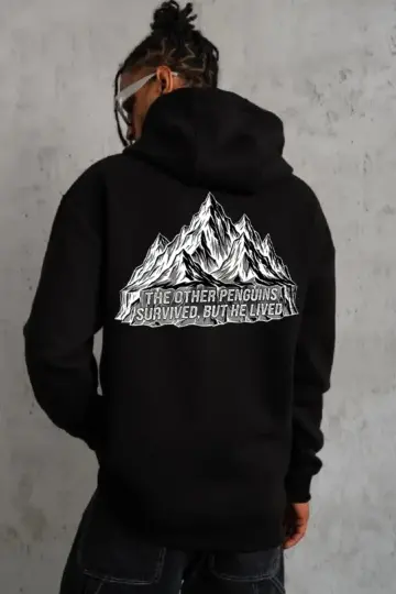 Nihilist Penguen Baskılı 3 İplik Pamuklu Kapüşonlu Sweatshirt Hoodie Siyah