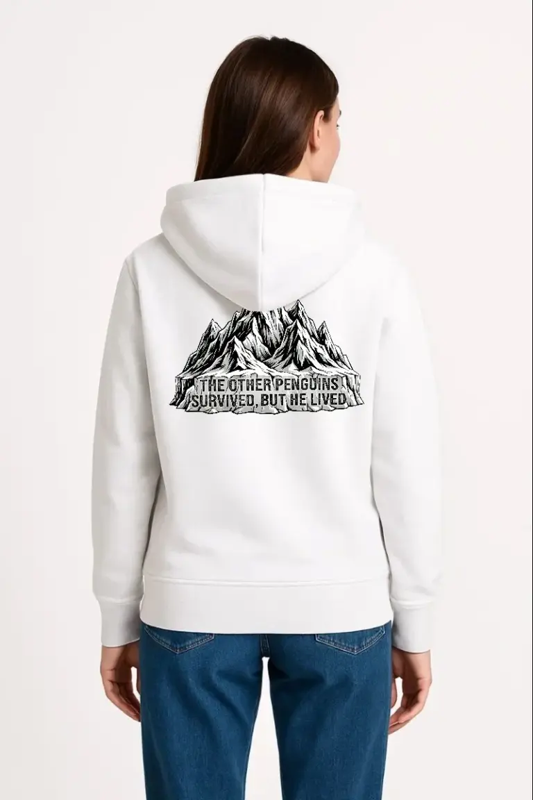 3 İplik Pamuklu Kapüşonlu Hoodie Sweatshirt Nihilist Penguen Baskılı - Beyaz