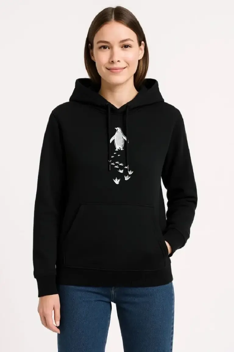 3 İplik Pamuklu Kapüşonlu Hoodie Sweatshirt Nihilist Penguen Baskılı - Siyah