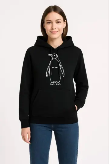 3 İplik Pamuklu Kapüşonlu Hoodie Sweatshirt Nihilist Penguen Baskılı - Siyah