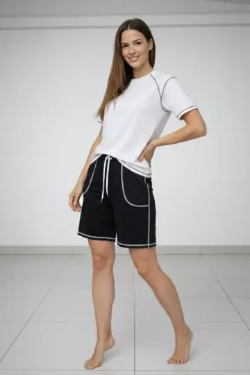 Kısa Kol Oversize Kalıp Tişört Şort ikili Takım Kontrast Dikişli - Beyaz