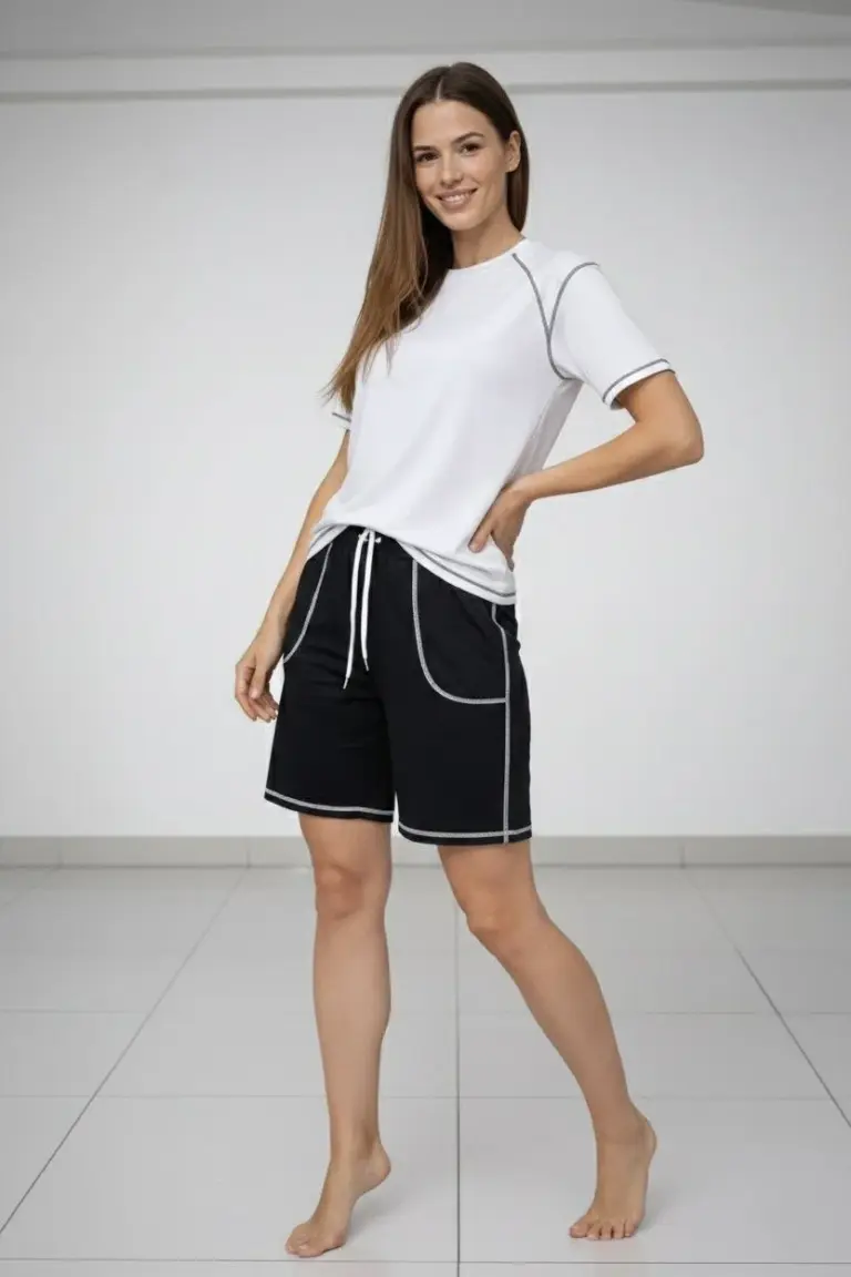 Kısa Kol Oversize Kalıp Tişört Şort ikili Takım Kontrast Dikişli - Beyaz