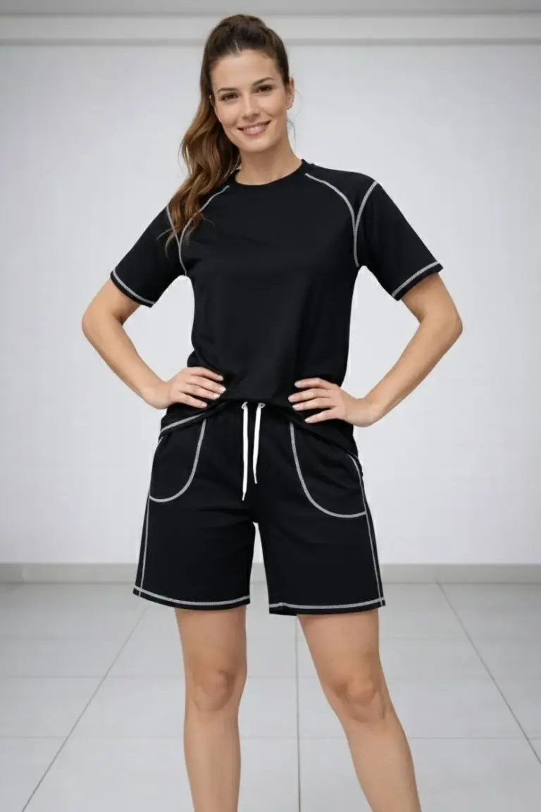 Kısa Kol Oversize Kalıp Tişört Şort ikili Takım Kontrast Dikişli - Siyah