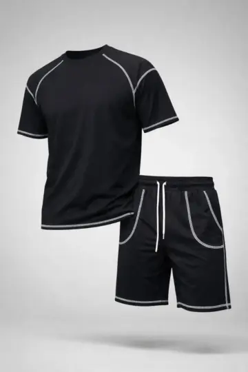 Kısa Kol Oversize Kalıp Tişört Şort ikili Takım Kontrast Dikişli - Siyah