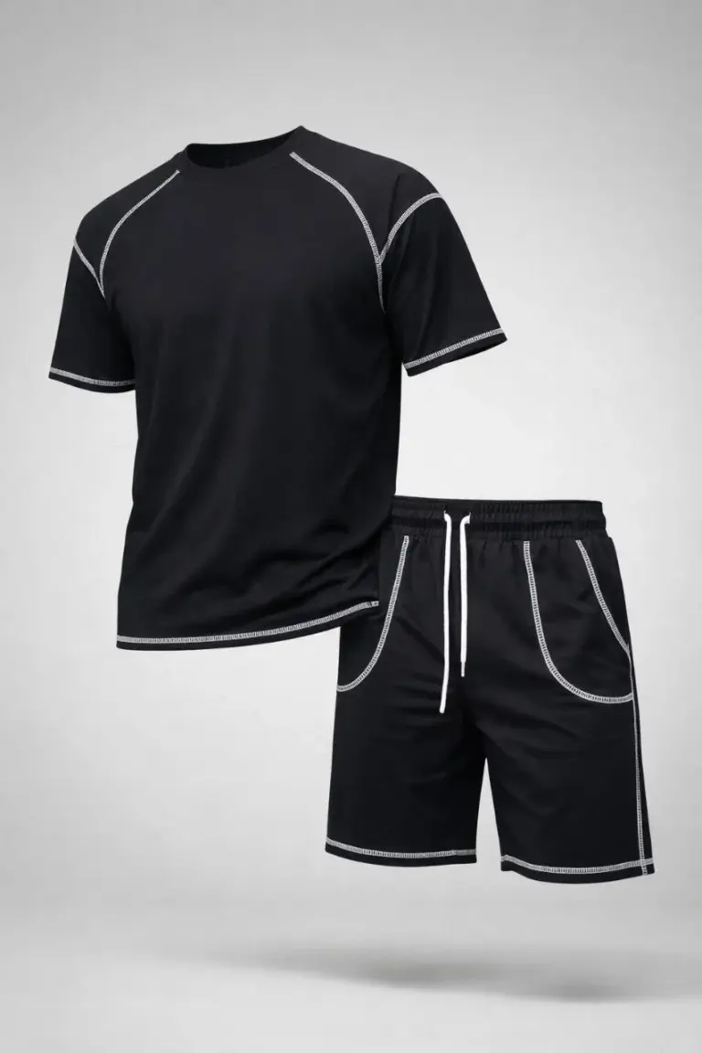 Kısa Kol Oversize Kalıp Tişört Şort ikili Takım Kontrast Dikişli - Siyah