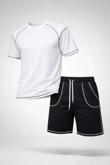 Kısa Kol Oversize Kalıp Tişört Şort ikili Takım Kontrast Dikişli - Beyaz