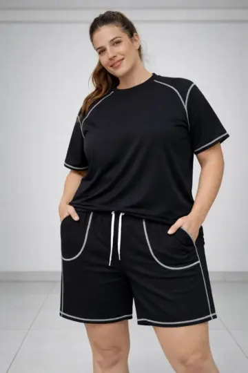 Battal Beden Kısa Kol Tişört Şort ikili Takım Kontrast Dikişli - Siyah