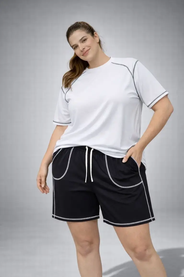 Battal Beden Kısa Kol Tişört Şort ikili Takım Kontrast Dikişli - Beyaz