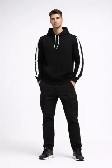 Şeritli Kapüşonlu Sweatshirt Oversize 3 iplik Pamuklu Hoodie - Siyah