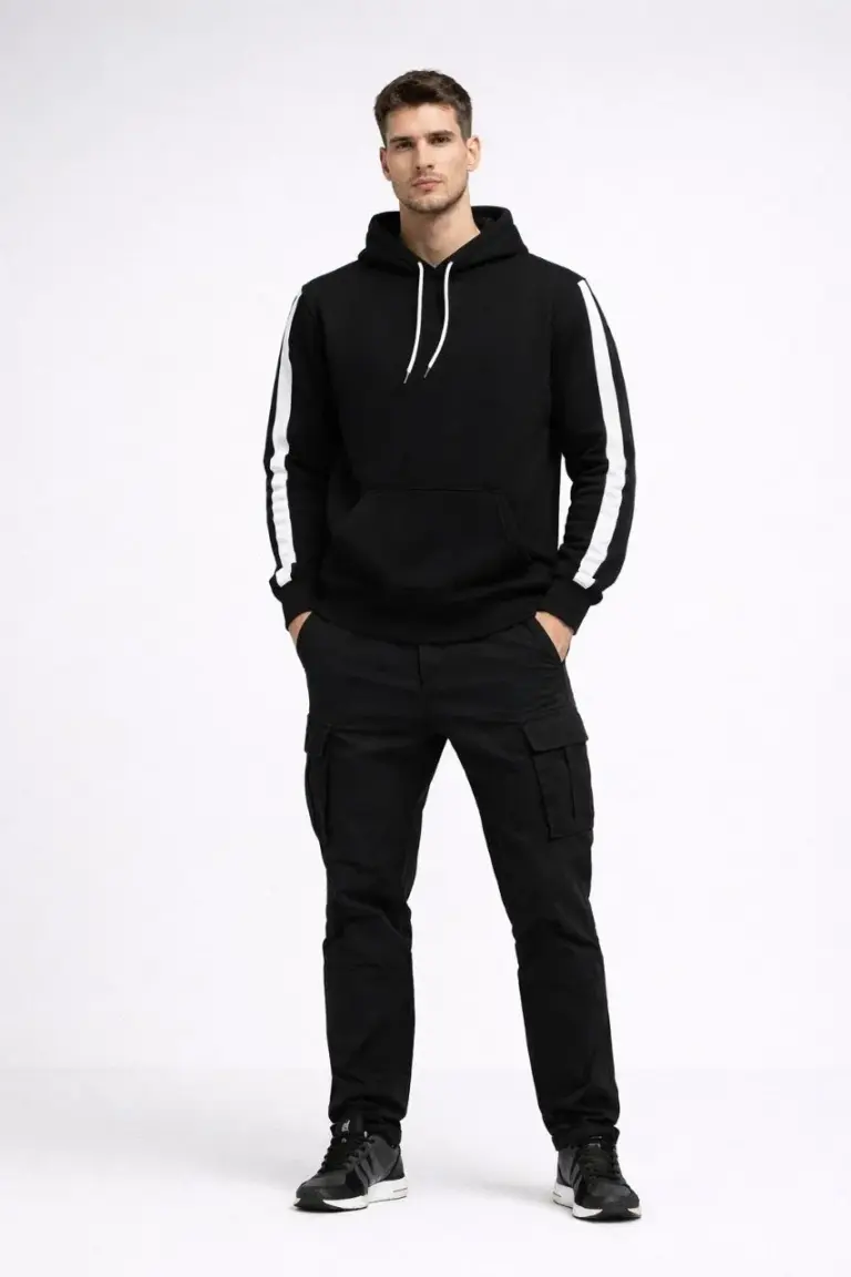 Şeritli Kapüşonlu Sweatshirt Oversize 3 iplik Pamuklu Hoodie - Siyah