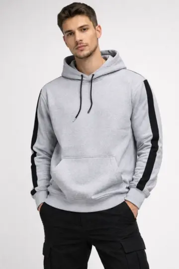 Şeritli Kapüşonlu Oversize Sweatshirt 3 iplik Pamuklu hoodie - Beyaz