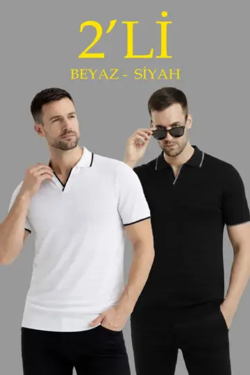 Kısa kol Fitilli Triko Polo Yaka Düğmesiz T-shirt 2'li Set Beyaz-Siyah