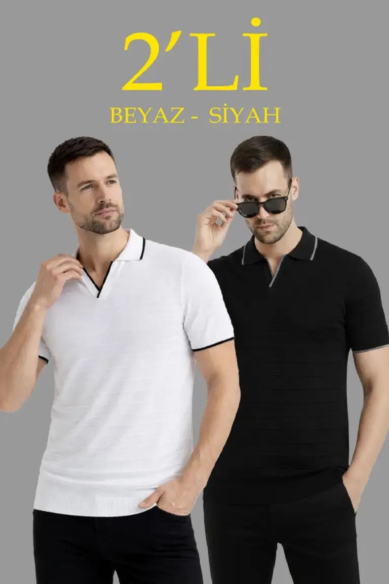 Kısa kol Fitilli Triko Polo Yaka Düğmesiz T-shirt 2'li Set Beyaz-Siyah