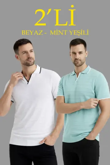 Kısa kol Fitilli Triko Polo Yaka Düğmesiz T-shirt 2'li Set Beyaz-Mint Yeşili