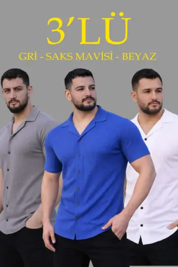 Waffle Kumaş Yakalı Kısa Kol Düğmeli Gömlek 3’lü Set Gri-Saks Mavisi-Beyaz