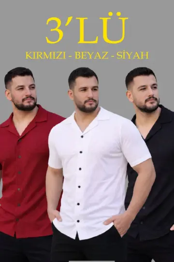 Waffle Kumaş Yakalı Kısa Kol Düğmeli Gömlek 3’lü Set Siyah-Kırmızı-Beyaz