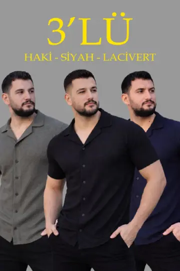 Waffle Kumaş Yakalı Kısa Kol Düğmeli Gömlek 3’lü Set Siyah-Haki-Lacivert