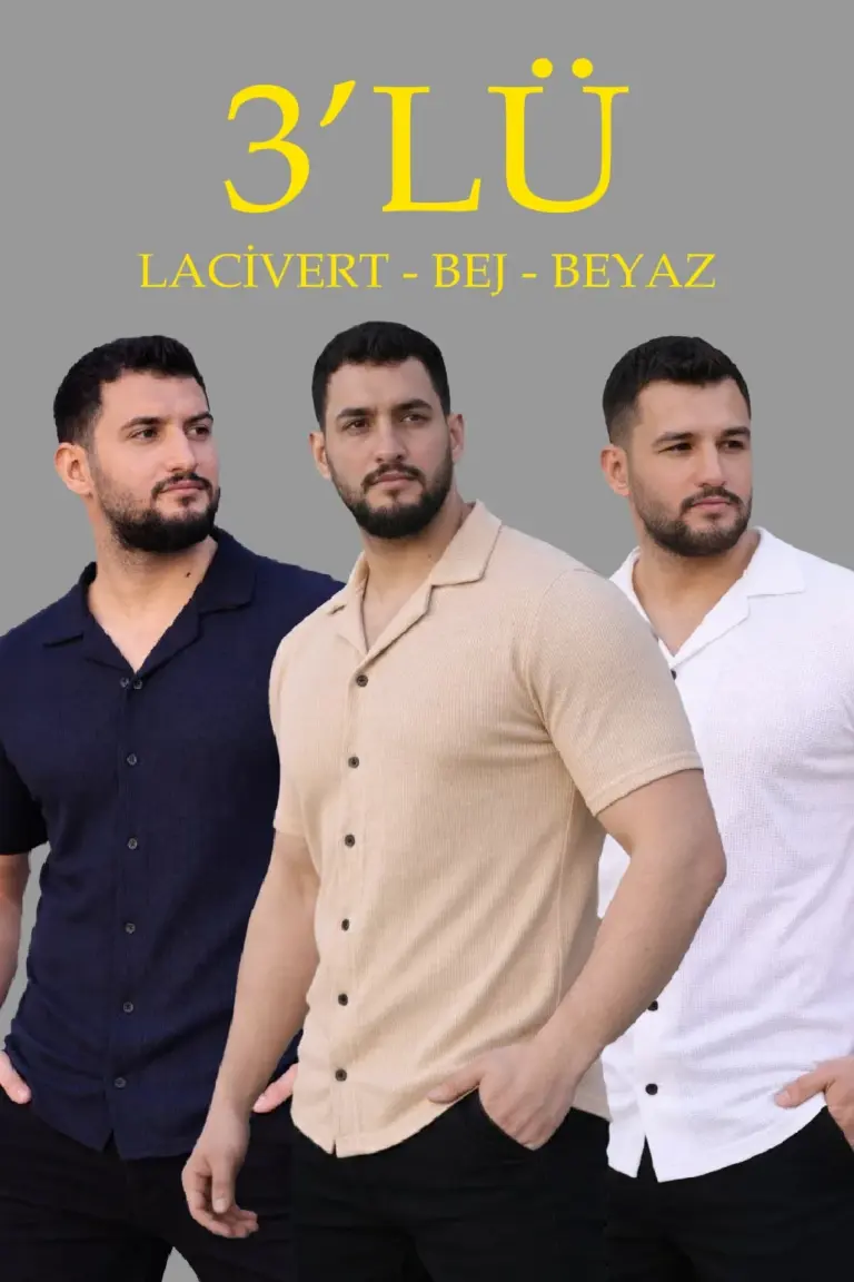 Waffle Kumaş Yakalı Kısa Kol Düğmeli Gömlek 3’lü Set Bej-Beyaz-Lacivert