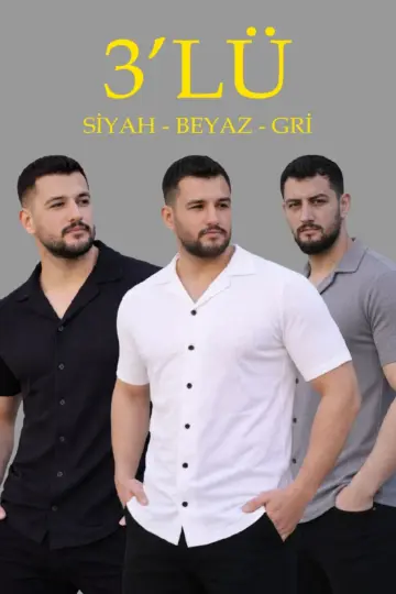 Waffle Kumaş Yazlık Yakalı Kısa Kol Düğmeli Gömlek 3’lü Set Siyah-Beyaz-Gri