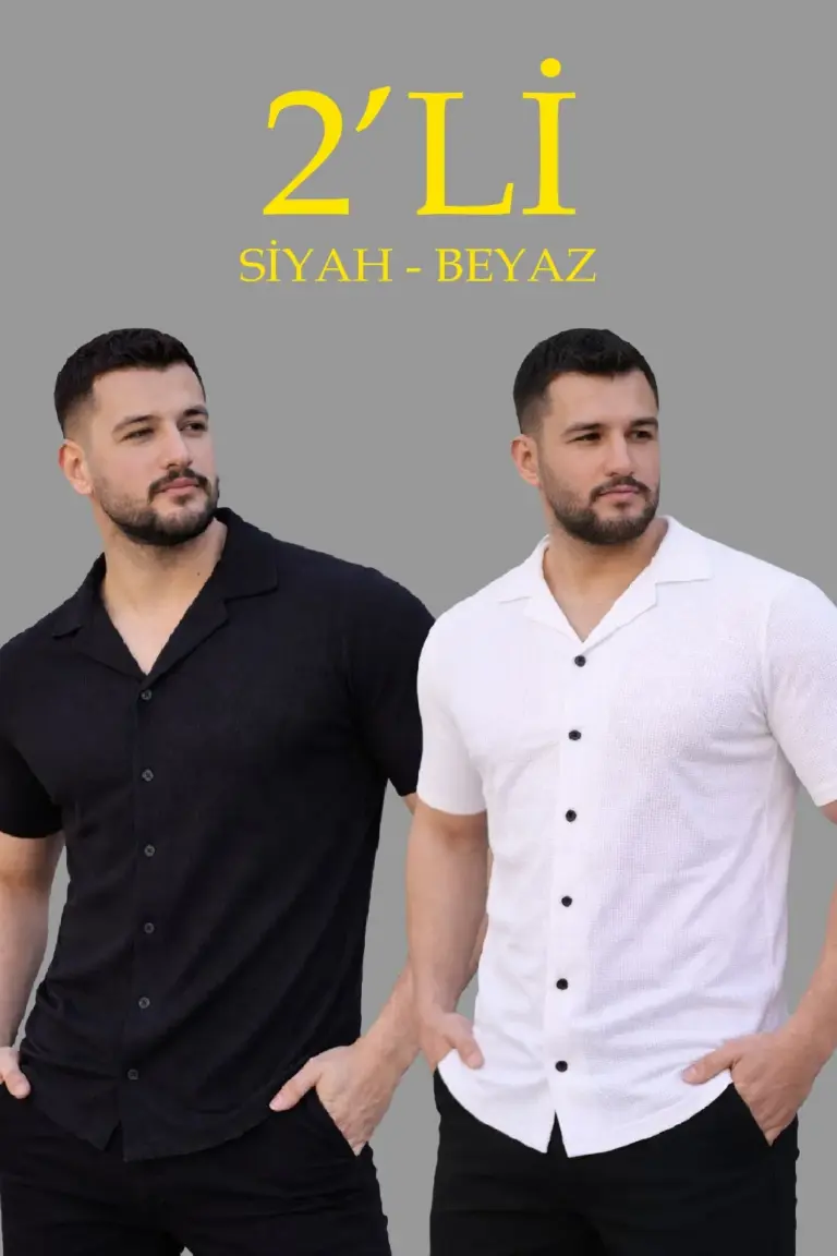 Waffle Kumaş Açık Yakalı Düğmeli Regular Fit Gömlek 2’li Set Siyah-Beyaz
