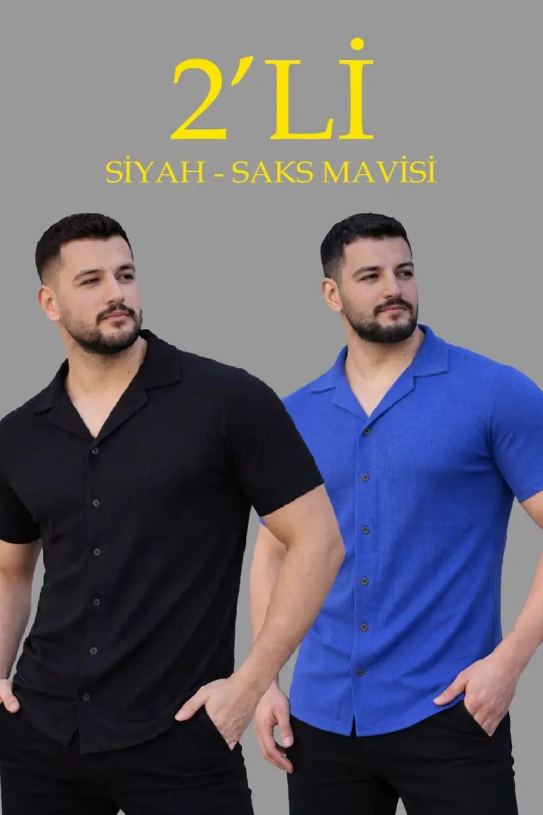 Waffle Kumaş Açık Yakalı Düğmeli Regular Fit Gömlek 2’li Set Siyah-Saks Mavisi