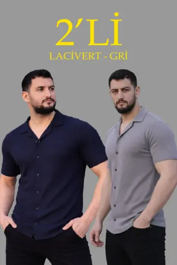 Waffle Kumaş Açık Yakalı Düğmeli Regular Fit Gömlek 2’li Set Lacivert-Gri