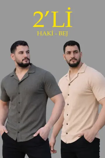Waffle Dokuma Kumaş Açık Yakalı Düğmeli Gömlek 2’li Set Haki-Bej