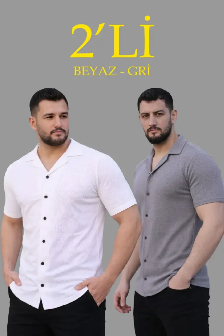 Waffle Dokuma Kumaş Açık Yakalı Düğmeli Gömlek 2’li Set Beyaz-Gri