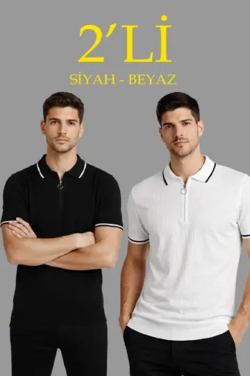 Triko Tişört Fermuarlı Polo Yaka Yazlık Kısa Kol T-Shirt 2’li Set Beyaz-Siyah