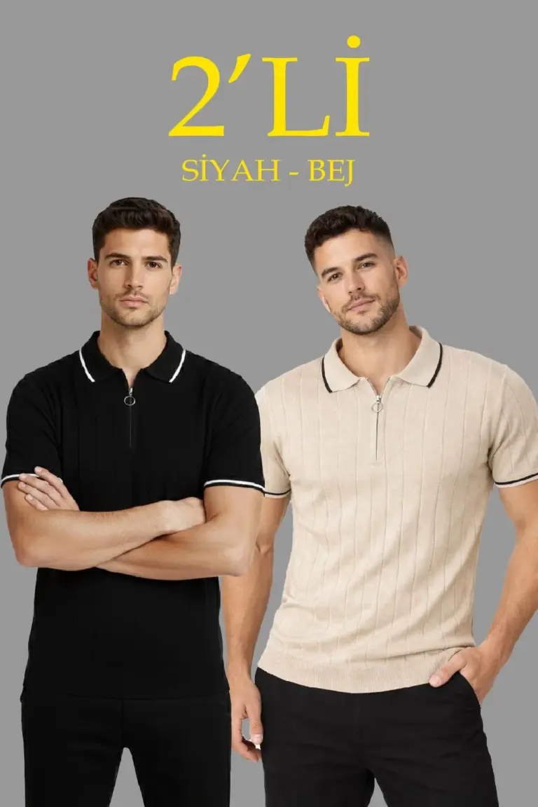 Triko Tişört Fermuarlı Polo Yakal Yazlık Kısa Kol T-Shirt 2’li Set Bej-Siyah
