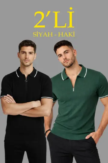 Triko Tişört Fermuarlı Polo Yaka Yazlık Kısa Kol T-Shirt 2’li Set Haki-Siyah