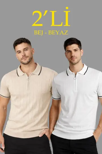 Dokuma Triko Tişört Fermuarlı Polo Yaka Yazlık Kısa Kol T-Shirt 2’li Set Bej-Beyaz
