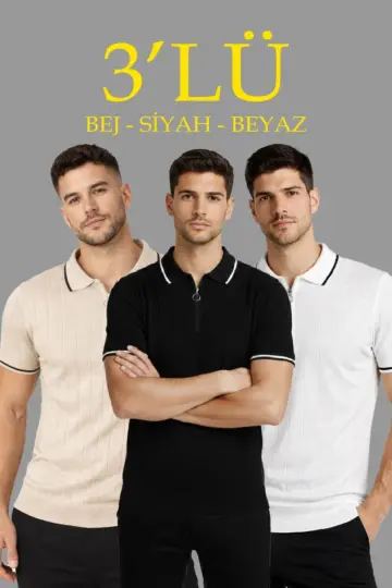 Triko Tişört Fermuarlı Polo Yaka Kısa Kol T-Shirt 3’lü Set Bej-Beyaz-Siyah