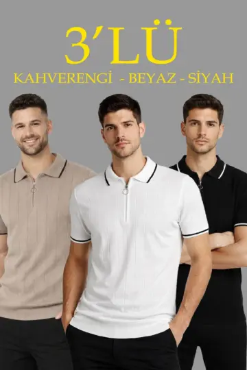 Triko Tişört Fermuarlı Polo Yaka Kısa Kol T-Shirt 3’lü Set Kahve-Siyah-Beyaz
